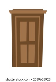 Door is closed. Doorway of house or apartment. Brown. Entrance is outside. Cheerful cartoon style. Isolated on white background. Vector.