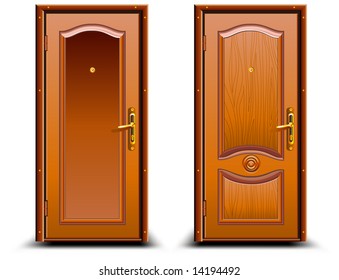 Door closed wood brown, classic design with lock, illustration