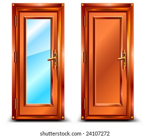 Door closed from wood and glass, classic design with lock, illustration