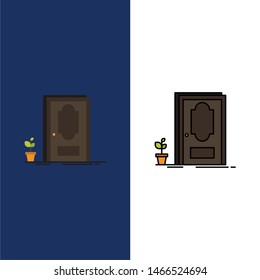 Door, Closed, Wood, Plant  Icons. Flat and Line Filled Icon Set Vector Blue Background. Vector Icon Template background