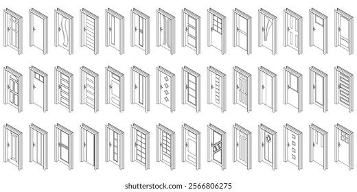 Door Collection Line Art. A Modern and Unique Vector Set Featuring Various House Door Designs for Architecture and Creative Projects. Vector illustration isolated on white background. Isometric view.