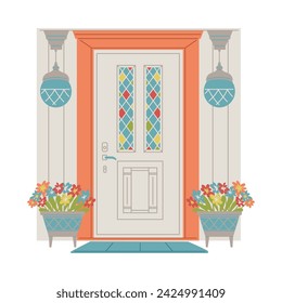 Door with colorful glasses flat style, vector illustration isolated on white background. Bright flowers in pots, hanging lamps, decorative design element, exterior