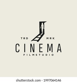 Door with curvy girl logo for cinema film design Vector Illustration Template.
