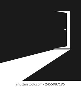 Icono gráfico de la puerta de la habitación oscura. Luz brillante de la puerta abierta. Ilustración vectorial