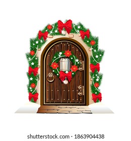 The door is decorated for Christmas with a wreath of Christmas tree branches, balls, beads and red bows. Merry Christmas. Vector illustration.