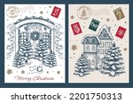 Door decoration. Christmas card poster banner. Hand drawn illustration. Vector.