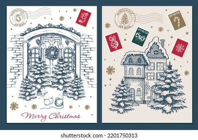 Door decoration. Christmas card poster banner. Hand drawn illustration. Vector.