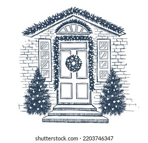 Door decoration. Christmas card poster banner. Hand drawn illustration. Vector.