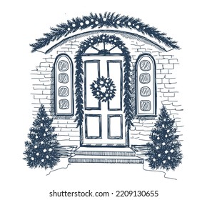 Door decoration. Christmas card poster banner. Hand drawn illustration. Vector.	
