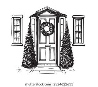 Door decoration, Christmas card poster banner, Vector, Hand drawn illustration.
