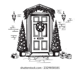 Decoración de la puerta, cartel de la tarjeta de Navidad, Vector, ilustración de mano.