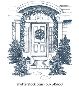 Door decoration. Christmas card poster banner. Vector illustration.