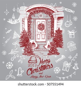 Door decoration. Christmas card poster banner. Vector illustration.