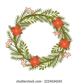 Door decoration with fir branches and red flowers. Doodle wreath with winter mood.