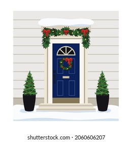 Door decoreted with christmas wreath, fir garland, christmas trees in a pots. Vector illustration in flat cartoon style.