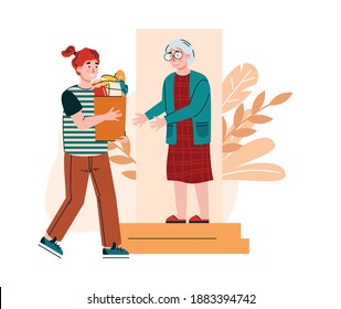 To door delivery for elderly people with volunteer man bringing grocery bag for senior woman. Man helping and supporting old aged lady, flat cartoon vector illustration.