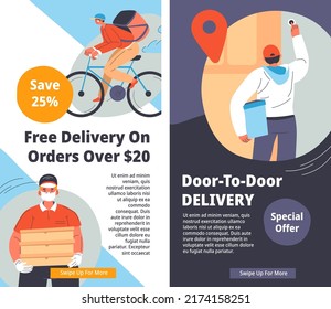 Door to door delivery, free service from shops and stores. Special offer, cargo and shipments transportation. Customer proposition for clients. Advertisement promotional banner, vector in flat style