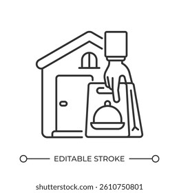Door to door delivery line icon. Extra conveniences for customers. Shipping products to client home service. Isolated vector illustration. Outline symbol. Simple linear drawing. Editable stroke