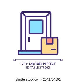 Door to door delivery pixel perfect RGB color icon. Courier service. Order shipment. Parcel transportation. Isolated vector illustration. Simple filled line drawing. Editable stroke. Arial font used