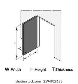 door dimensions dimonstration width,height and thickness with quoting lines ,wall section