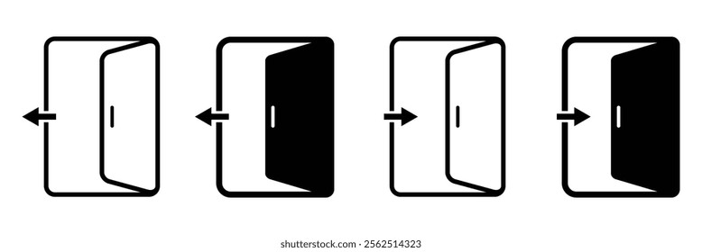 Door exit icon. Fire exit. Emergency exit icon set. Vector illustration of an exit door with an arrow pointing.