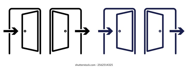 Door exit icon. Fire exit. Emergency exit icon set. Vector illustration of an exit door with an arrow pointing.