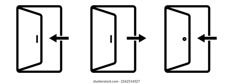 Door exit icon. Fire exit. Emergency exit icon set. Vector illustration of an exit door with an arrow pointing.