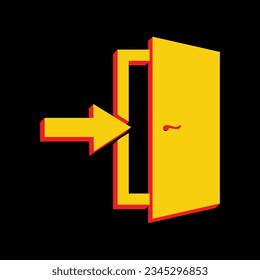 Door Exit sign. 3D Extruded Yellow Icon with Red Sides a Black background. Illustration.