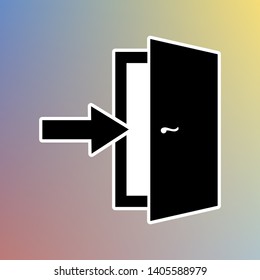 Door Exit sign. Black icon in white shell at pastel color background. Illustration.