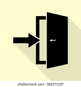 Door Exit sign. Black icon with flat style shadow path on cream background.