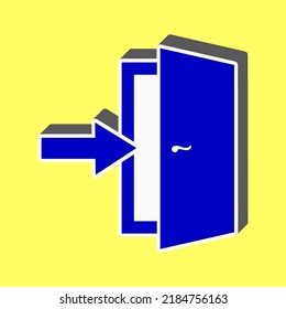 Door Exit sign. Blue Icon with white stroke in 3d at yellow Background. Illustration.