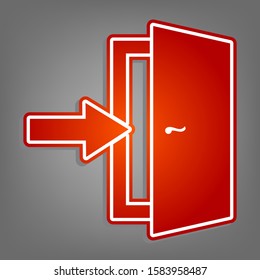 Door Exit sign. Flat red icon with linear white icon with gray shadow at grayish background. Illustration.