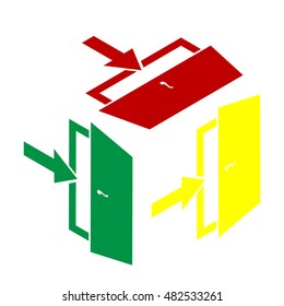 Door Exit sign. Isometric style of red, green and yellow icon.