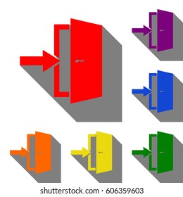 Door Exit sign. Set of red, orange, yellow, green, blue and violet icons at white background with flat shadow.