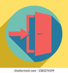 Door Exit sign. Sunset orange icon with llapis lazuli shadow inside medium aquamarine circle with different goldenrod shadow at royal yellow background.