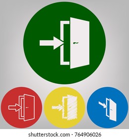 Door Exit sign. Vector. 4 white styles of icon at 4 colored circles on light gray background.