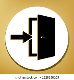 Door Exit sign. Vector. Black icon with light brown shadow in white circle with shaped ring at golden background.