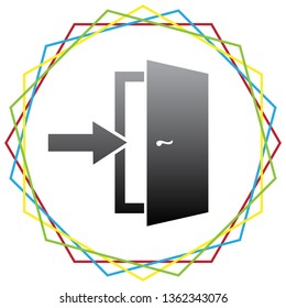 Door Exit sign. Vector. Black icon with patch of light inside colorful hexagonal frames at white background.