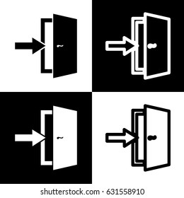 Door Exit sign. Vector. Black and white icons and line icon on chess board.