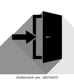 Door Exit sign. Vector. Black icon with two flat gray shadows on white background.