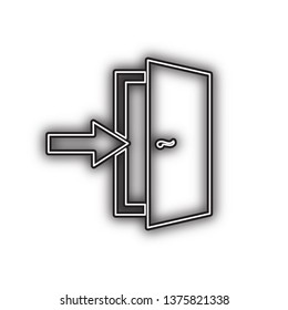 Door Exit sign. Vector. Double contour black icon with soft shadow at white background. Isolated.