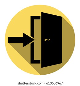 Door Exit sign. Vector. Flat black icon with flat shadow on royal yellow circle with white background. Isolated.