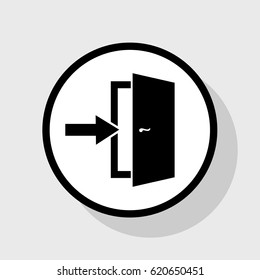 Door Exit sign. Vector. Flat black icon in white circle with shadow at gray background.