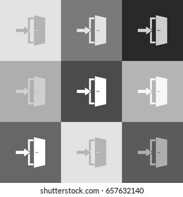 Door Exit sign. Vector. Grayscale version of Popart-style icon.