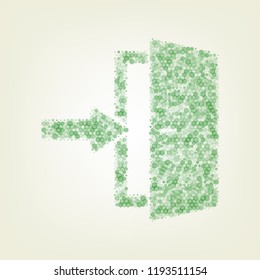 Door Exit sign. Vector. Green hexagon rastered icon and noised opacity and size at light green background with central light.