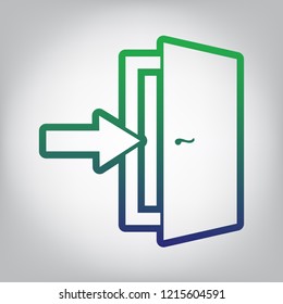 Door Exit sign. Vector. Green to blue gradient contour icon at grayish background with light in center.