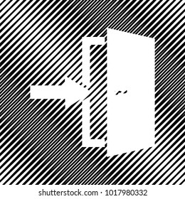 Door Exit sign. Vector. Icon. Hole in moire background.