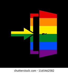 Door Exit sign. Vector. Icon with colors of LGBT flag at black background.