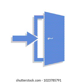 Door Exit sign. Vector. Neon blue icon with cyclamen polka dots pattern with light gray shadow on white background. Isolated.