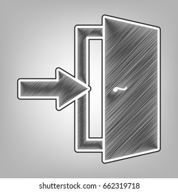 Door Exit sign. Vector. Pencil sketch imitation. Dark gray scribble icon with dark gray outer contour at gray background.